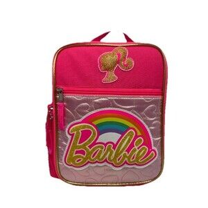 Barbie Reusable Lunch Tote Water Bottle Pouch Inner/Outer Pocket Pink Gold NWT